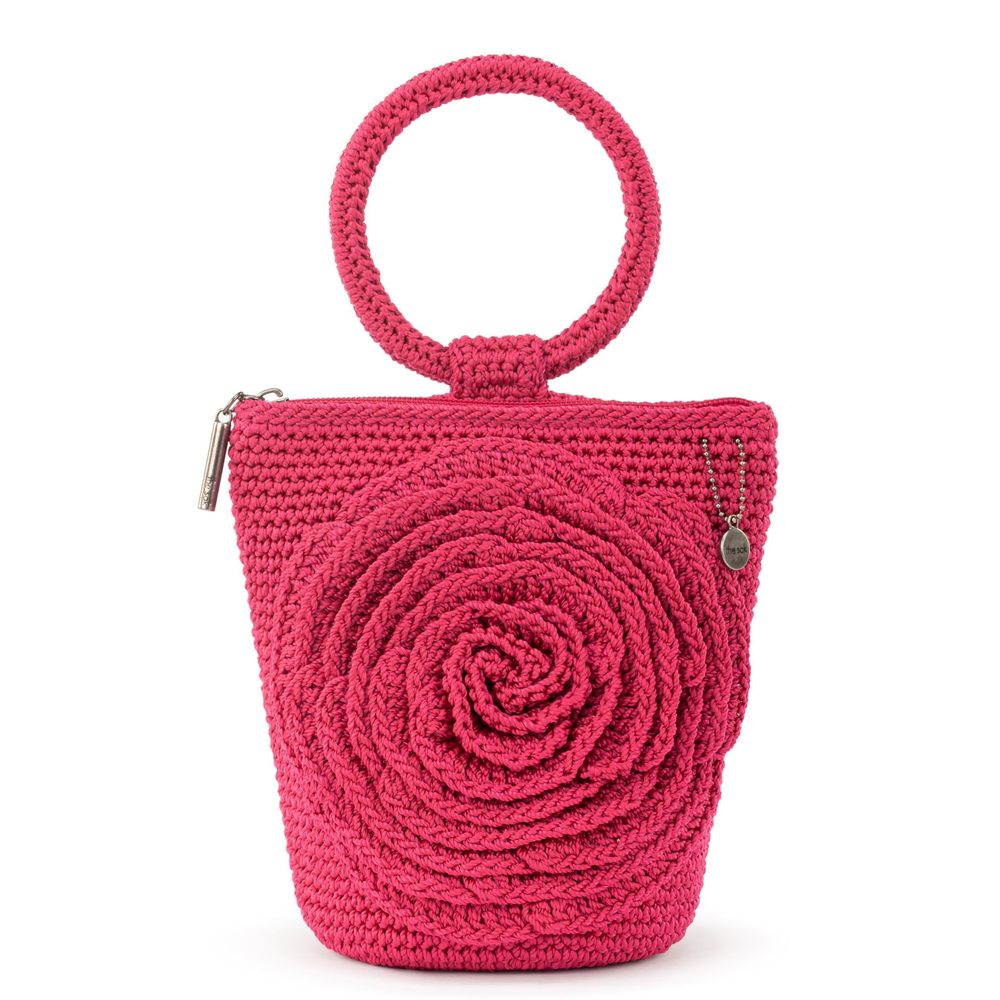 Ayla Ring Handle Pouch In Crochet, Detachable Ring Handle, Magenta Flower B)